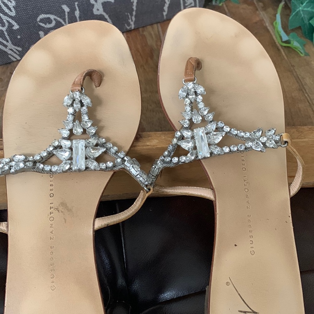 Giuseppe zanotti jewel embellished, tan leather straps, made in Italy.